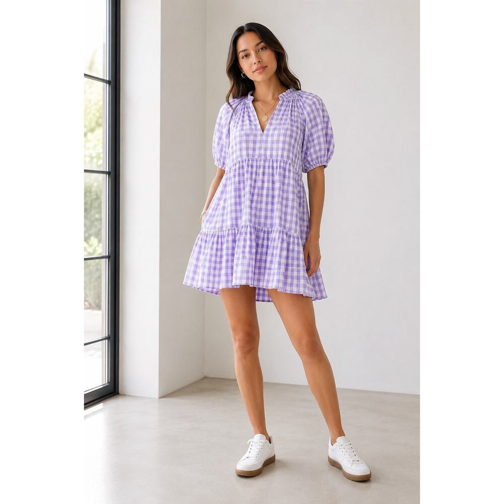 Hyacinth House Sutton Gingham Mini Dress Womens S Purple Pink Puff Sleeve
